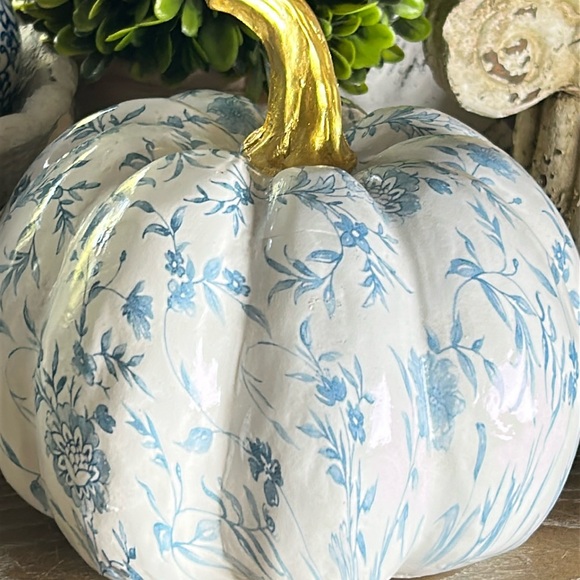 NEW! Boho Chic Farmhouse Blue & White Roses Floral Fall Autumn Harvest Pumpkin - Picture 4 of 7
